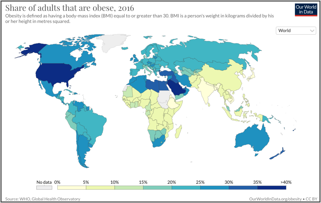 Share of adults that are obese, 2016.