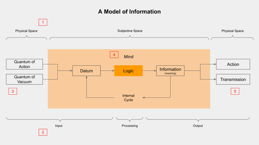 A model of information - Physical and subjective space - input, processing, and output.