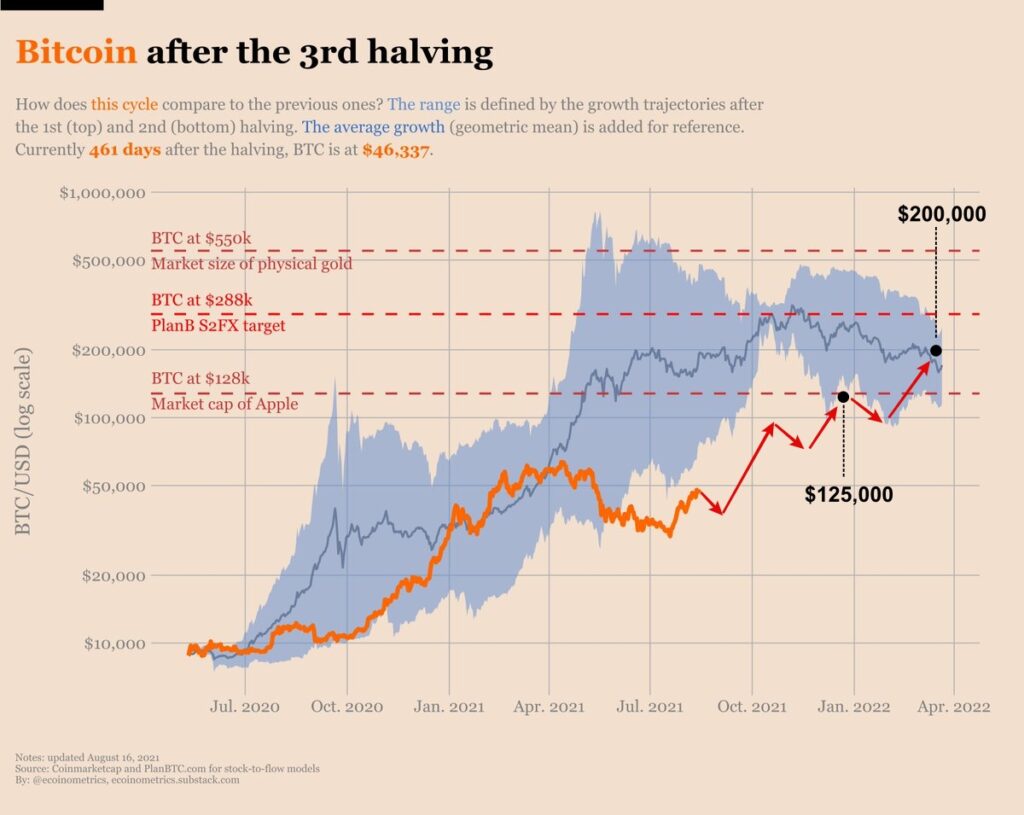 The Bitcoin halving bull market cycles of 2013, 2017, and the 2021. Chart by Ecoinometrics. Notions and price prediction lines by Etherplan. 